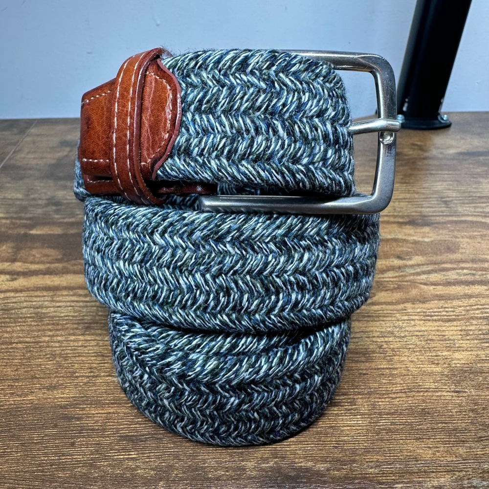 FH Wadsworth Mens Woven Braided Belt 40 Navy Green White Made in Italy Leather